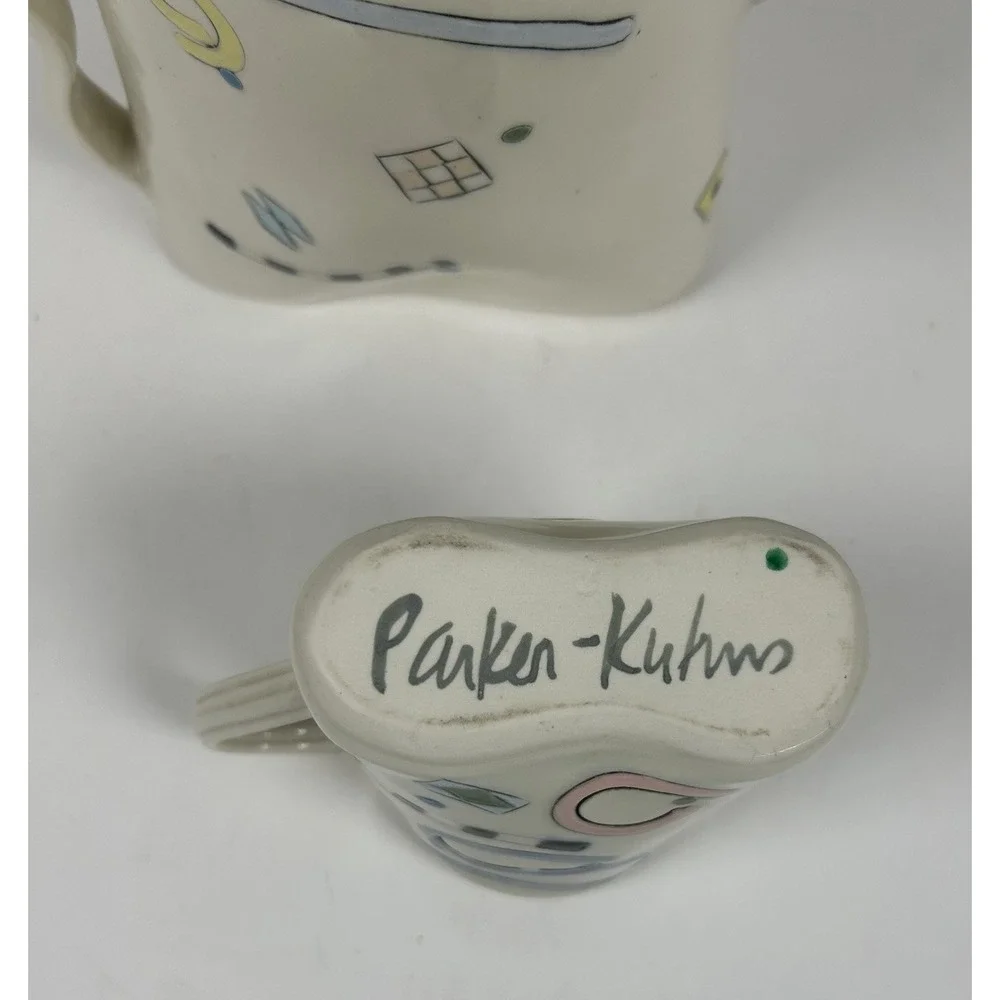 Parker Kuhn Whimsical Art Deco Tea Pot and Cup Set Artist Signed